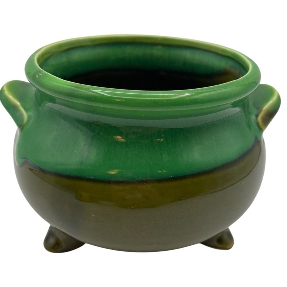 Vintage Green Pottery Planter Cauldron Tripod Feet Two Tone Drip Glaze